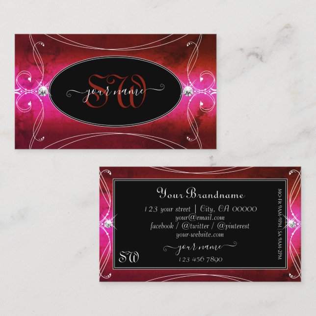 Chic Pink Red Black Ornate Sparkle Jewels Monogram Business Card (Front/Back)