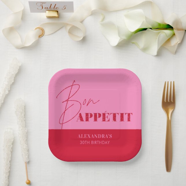 Chic Pink Red Bon Appétit Script Birthday  Paper Plates (Wedding)