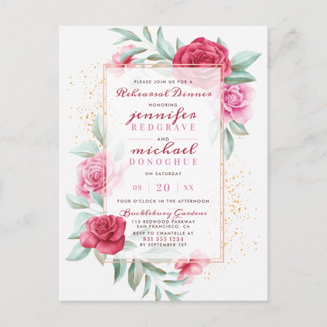 Chic Pink & Red Chic Roses Floral Rehearsal Dinner Invitation Postcard (Front)