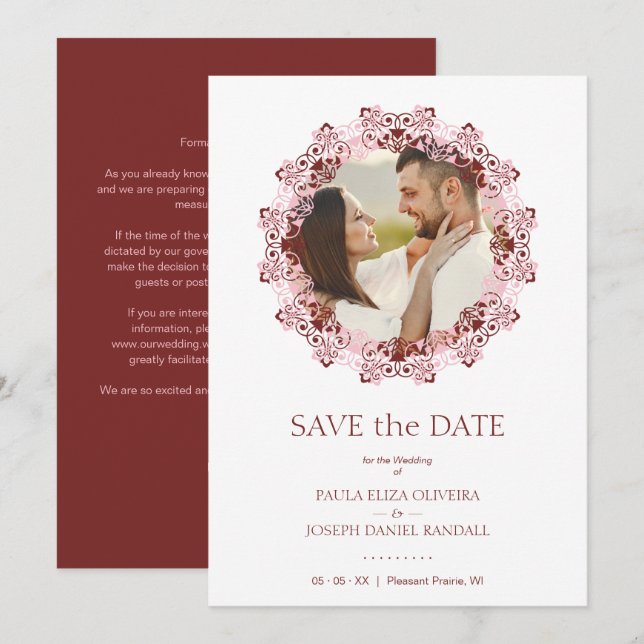Chic Pink & Red Flourish Lace Effect Photo Couple Save The Date (Front/Back)