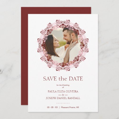 Chic Pink  Red Flourish Lace Effect Photo Couple Save The Date