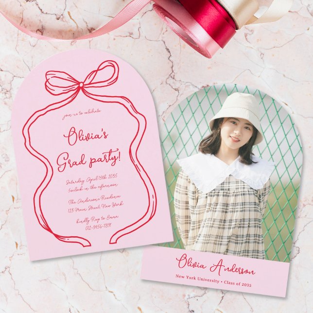 Chic Pink Red Hand Drawn Bow Photo Arch Graduation Invitation (Creator Uploaded)