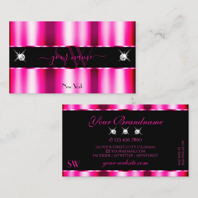 Chic Pink Red Ombre Black Sparkle Jewels Monogram Business Card (Front/Back)