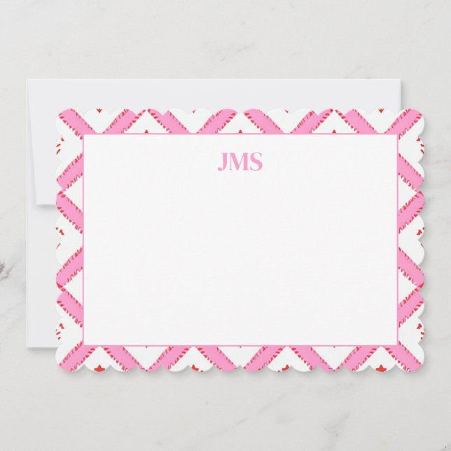 Chic Pink & Red Pattern Monogram Stationary Note Card (Front)