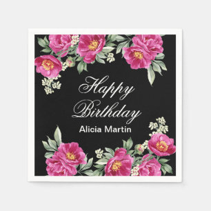 Chic Pink Red Violet Peony Floral Black Birthday Napkins