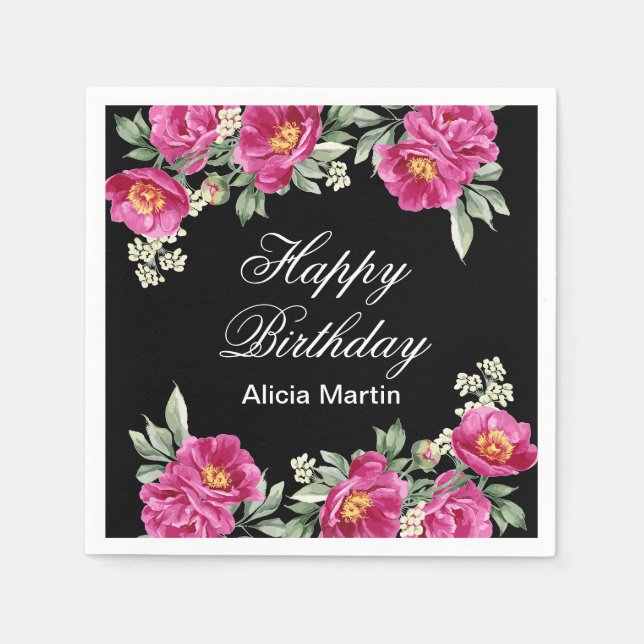 Chic Pink Red Violet Peony Floral Black Birthday  Napkins (Front)