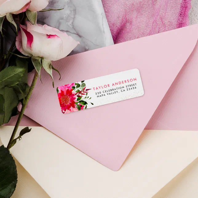 Chic Pink & Red Watercolor Floral Return Address Label | Zazzle