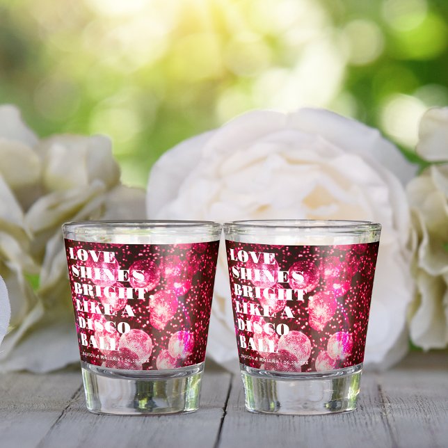 Chic Pink Retro Disco Balls Newlywed Wedding Shot Glass (Creator Uploaded)
