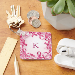 Chic Pink Ribbon Awareness Frame Monogrammed Keychain
