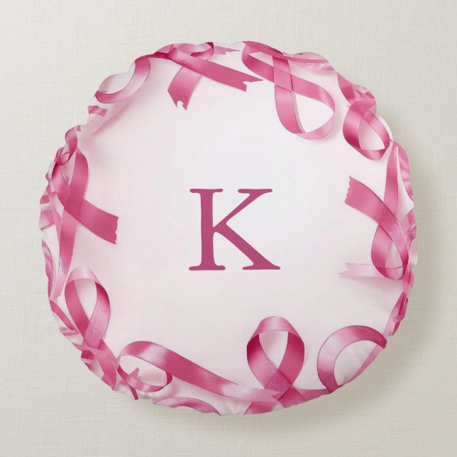 Chic Pink Ribbon Awareness Frame Monogrammed Round Pillow (Front)