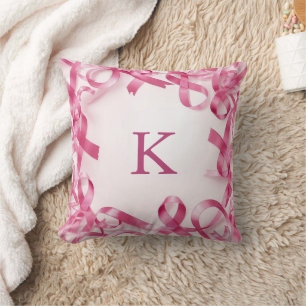 Chic Pink Ribbon Awareness Frame Monogrammed Throw Pillow