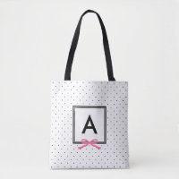 Chic Pink Ribbon Polka Dot Pattern Monogram Tote Bag