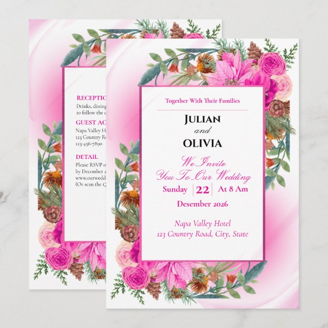 Chic Pink Rose and Pinecone Wedding Invitation (Front/Back)