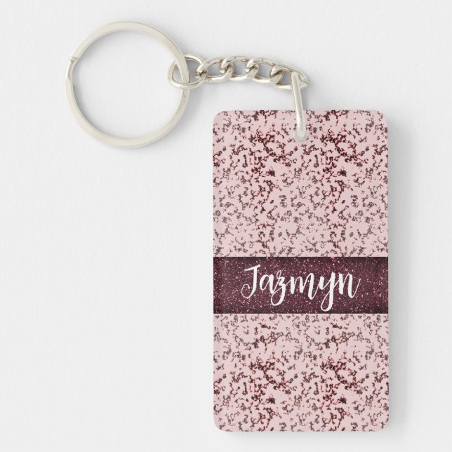 Chic Pink Rose Blush Glittery Marble Personalized Keychain (Front)