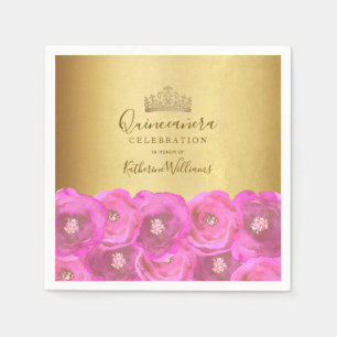 Chic Pink Rose Floral Gold Crown Quinceañera Napkins