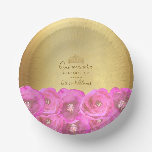 Chic Pink Rose Floral Gold Crown Quinceañera Paper Bowls (Front)