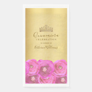 Chic Pink Rose Floral Gold Crown Quinceañera Paper Guest Towels