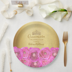 Chic Pink Rose Floral Gold Crown Quinceañera Paper Plates