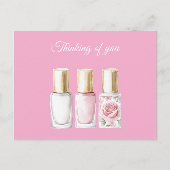 Chic Pink Rose Floral Nail Polish Thinking of you Postcard (Front)