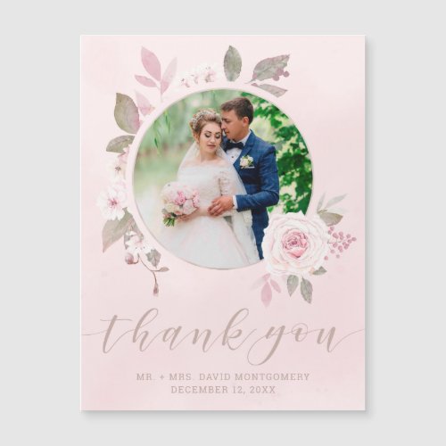 Chic Pink Rose Floral Wedding Photo Thank You