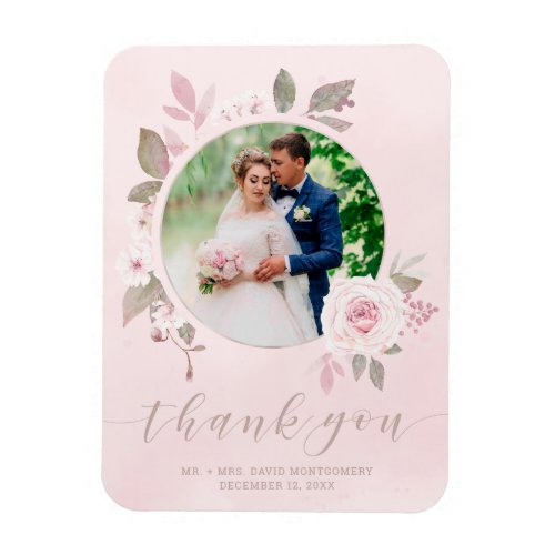 Chic Pink Rose Floral Wedding Photo Thank You Magnet