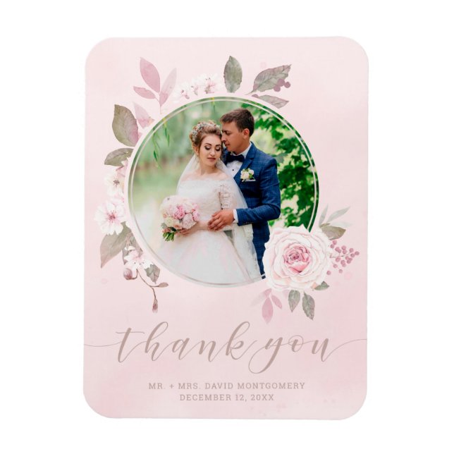 Chic Pink Rose Floral Wedding Photo Thank You Magnet (Vertical)