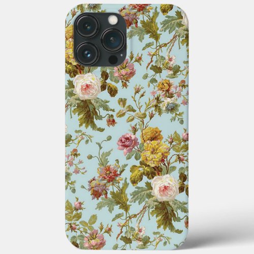 Chic Pink Rose Flower Art Pattern On Pastel Blue iPhone 13 Pro Max Case
