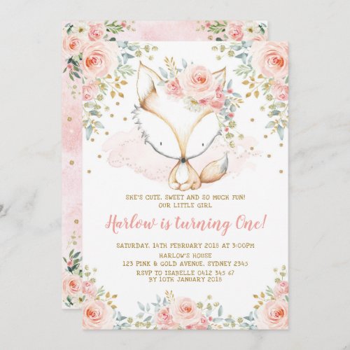 Chic Pink Rose Girl Fox Baby 1st Birthday Woodland Invitation