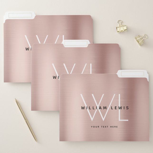 Chic Pink Rose Gold Brushed Metal Modern Monogram File Folder (Set)