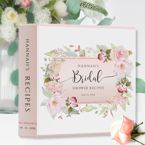 Chic Pink Rose Gold Floral Bridal Shower Recipe 3 Ring Binder