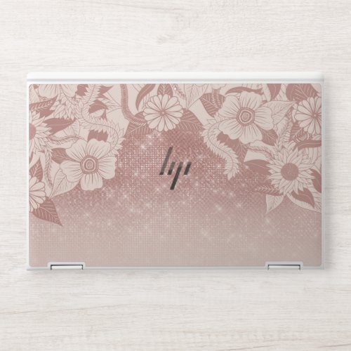 Chic Pink Rose Gold Floral Drawing Glitter Ombre HP Laptop Skin