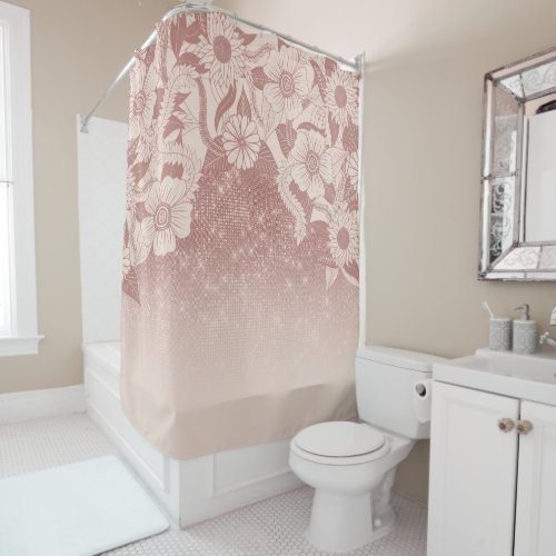 Chic Pink Rose Gold Floral Drawing Glitter Ombre Shower Curtain
