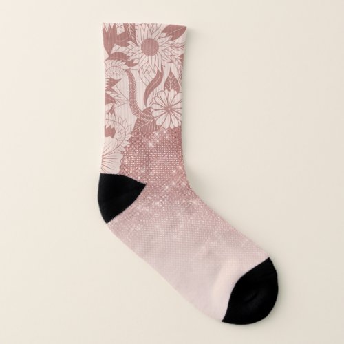 Chic Pink Rose Gold Floral Drawing Glitter Ombre Socks
