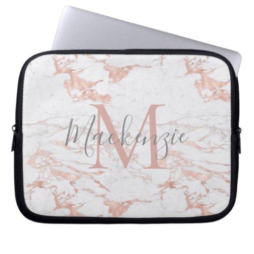 Chic Pink Rose Gold Foil Marble Monogram Laptop Sleeve