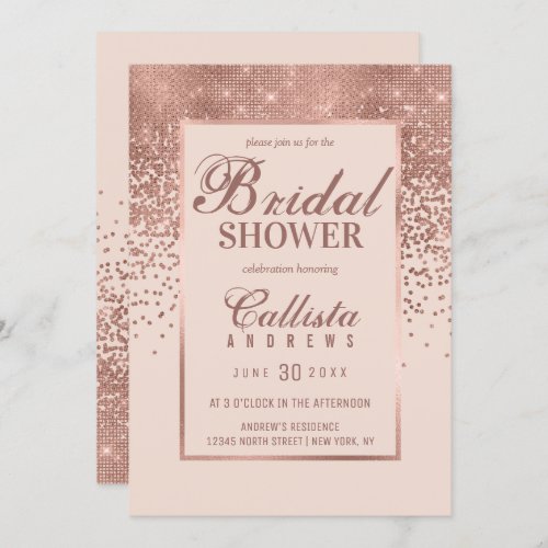 Chic Pink Rose Gold Glitter Confetti Bridal Shower Invitation