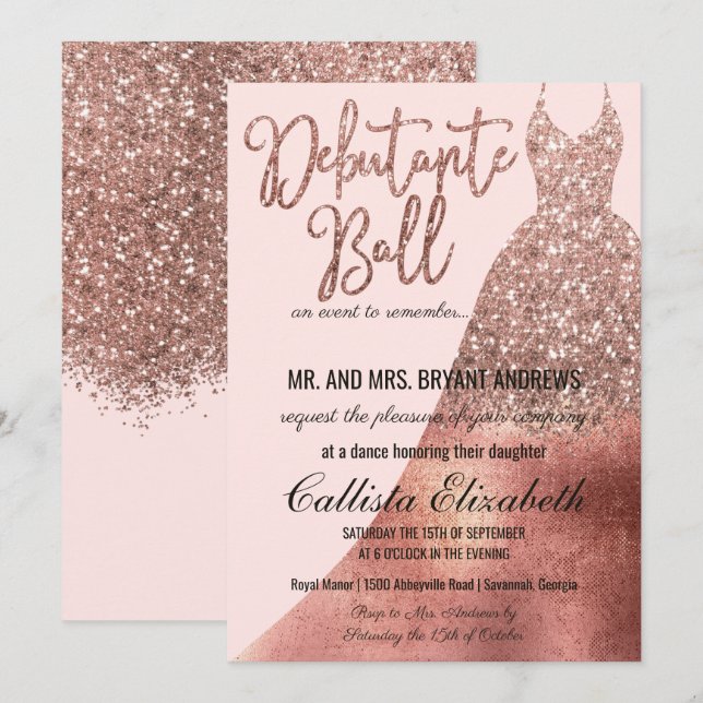 Chic Pink Rose Gold Glitter Dress Debutante Dance Invitation (Front/Back)