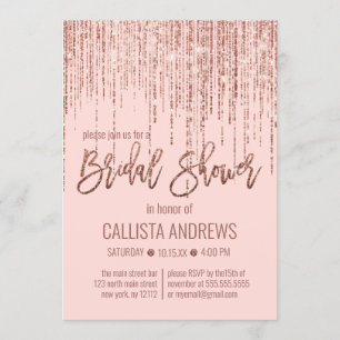 Chic Pink Rose Gold Glitter Fringe Bridal Shower Invitation