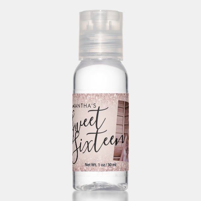 Chic Pink Rose Gold Glitter Photo Thank You Favor Hand Sanitizer (Front)