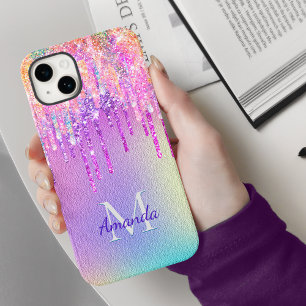 Chic pink rose unicorn dripping glitter monogram iPhone 15 case