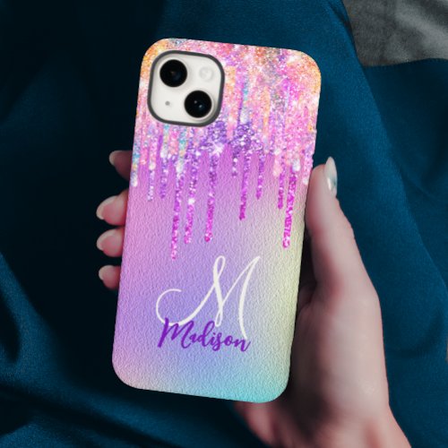 Chic pink rose unicorn dripping glitter monogram Case_Mate iPhone 14 case