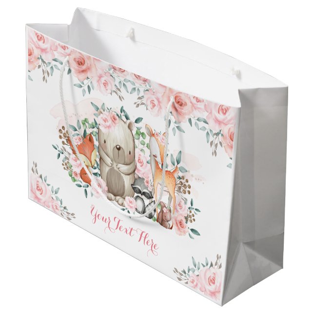 Chic Pink Rose Woodland Animals Baby Girl Birthday Large Gift Bag (Back Angled)