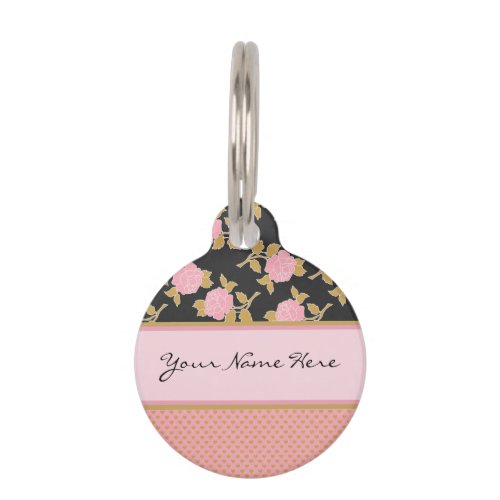 Chic Pink Roses and Gold Leaves on Hearts Pet Tag