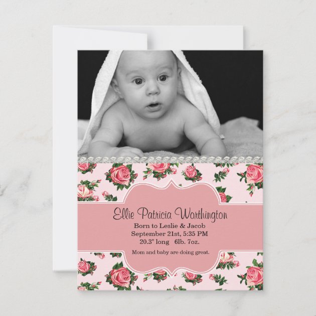 Chic Pink Roses Baby Girl Birth Announcement