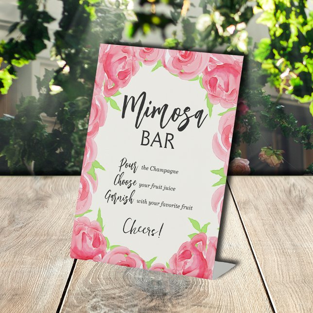 Chic Pink Roses Bridal Shower Mimosa Bar Pedestal Sign (Pink Roses Bridal Shower Mimosa Bar Pedestal Sign)