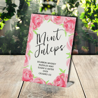 Chic Pink Roses Bridal Shower Mint Juleps Pedestal Sign