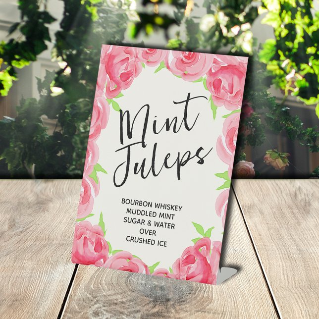Chic Pink Roses Bridal Shower Mint Juleps Pedestal Sign (Pink Roses Bridal Shower Mint Juleps Pedestal Sign)