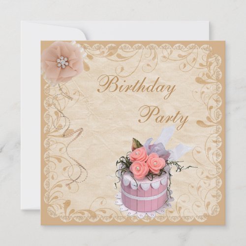 Chic Pink Roses Cake Birthday Party Invitation