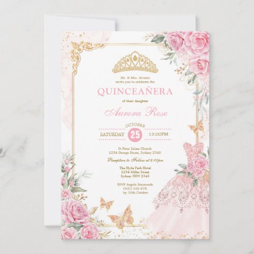 Chic Pink Roses Crown Princess Dress Quinceaera I Invitation