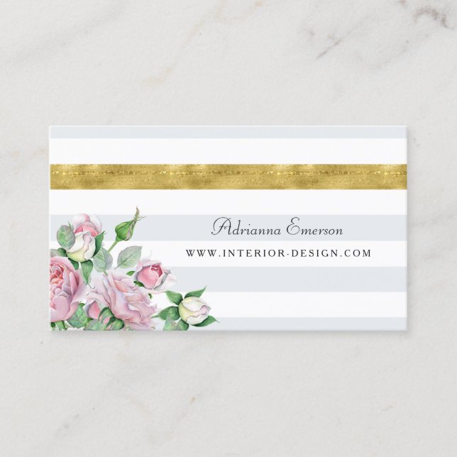 Chic Pink Roses Faux Gold Stripe Interior Design Business Card (Front)