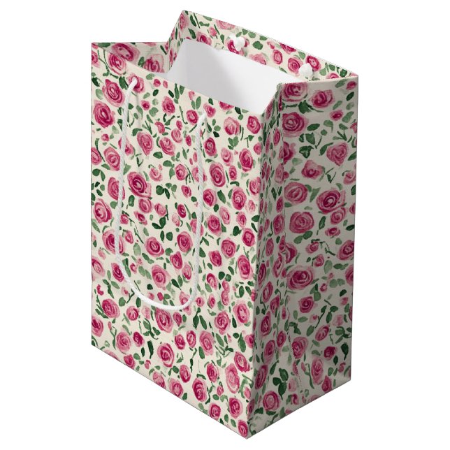 Chic Pink Roses Floral Bridal Shower Medium Gift Bag (Front Angled)